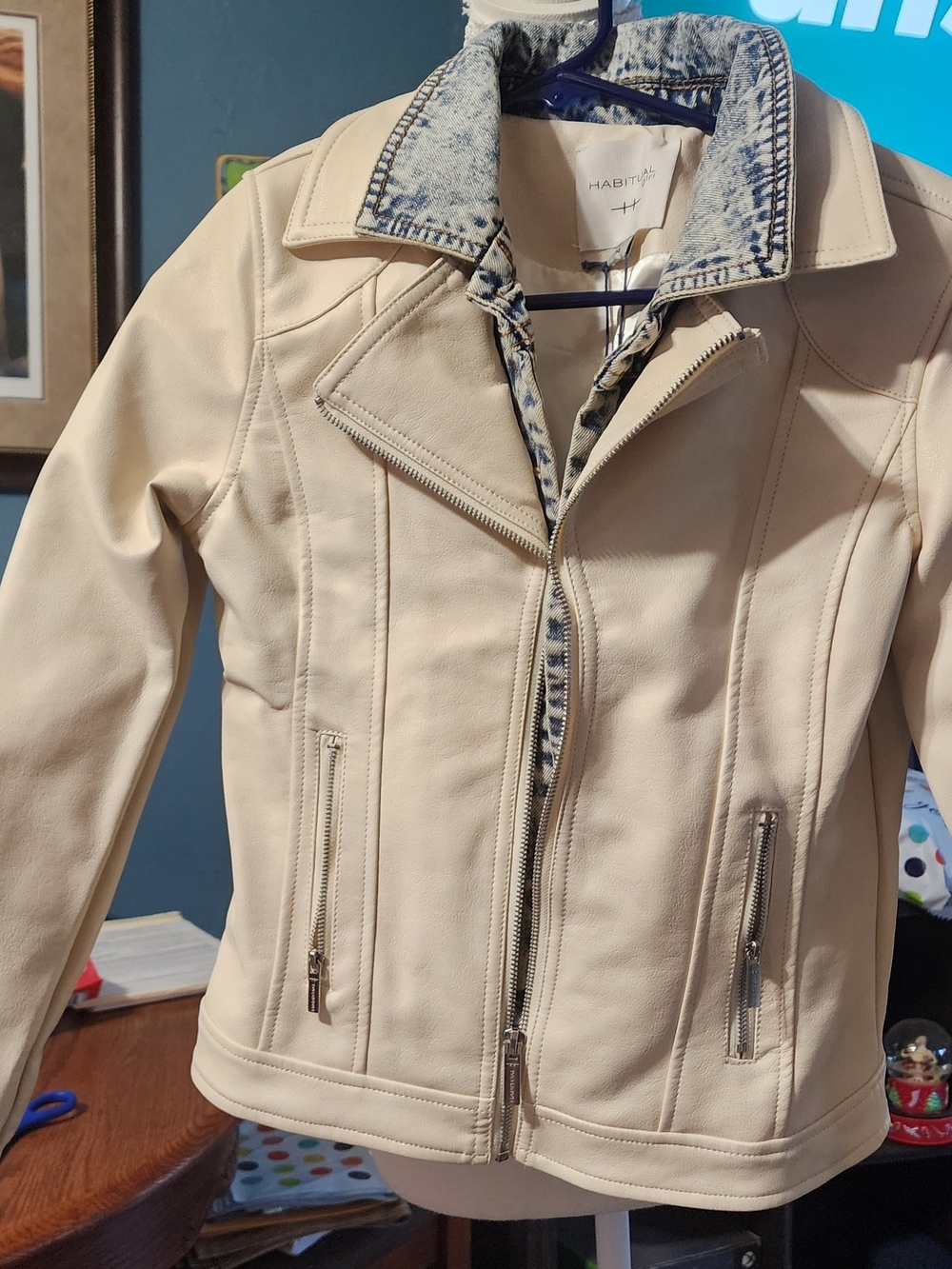 Habitual Cream Faux-Leather Moto Jacket Sz 14 NWT